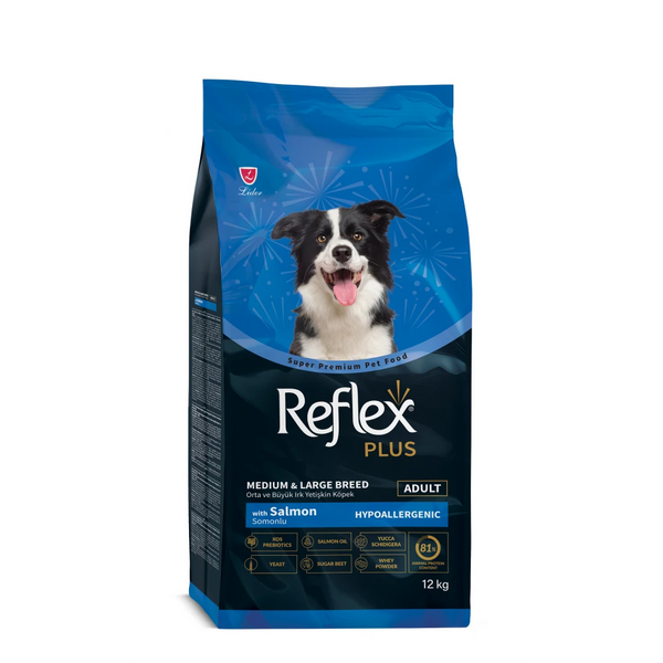 Reflex Plus Adult Medium&Maxi Breeds with Salmon 12 kg- Пълноценна храна за големи кучета със сьомга 12 кг