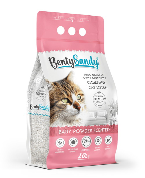 BentySandy Super Premium Clumping Cat Litter 10 L - Бентонит за котки с аромат на бебешка пудра 10 л