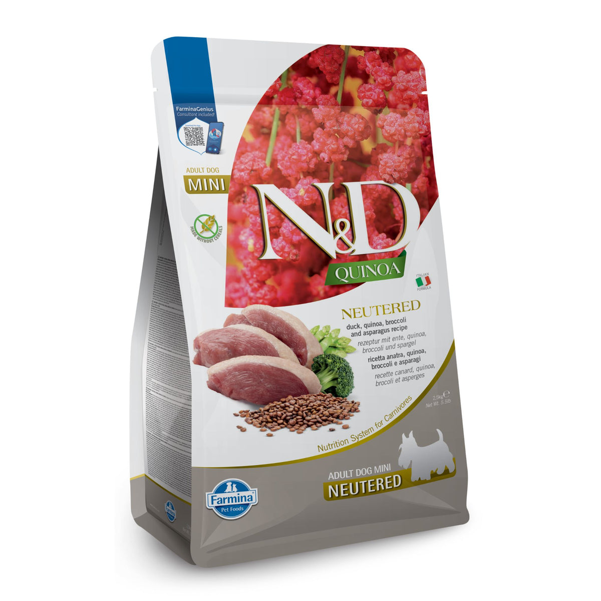 N&D Quinoa Adult Small Breeds Neutered with Duck – Пълноценна храна за кастрирани кучета от дребни породи с патешко,броколи и аспержи 7 кг