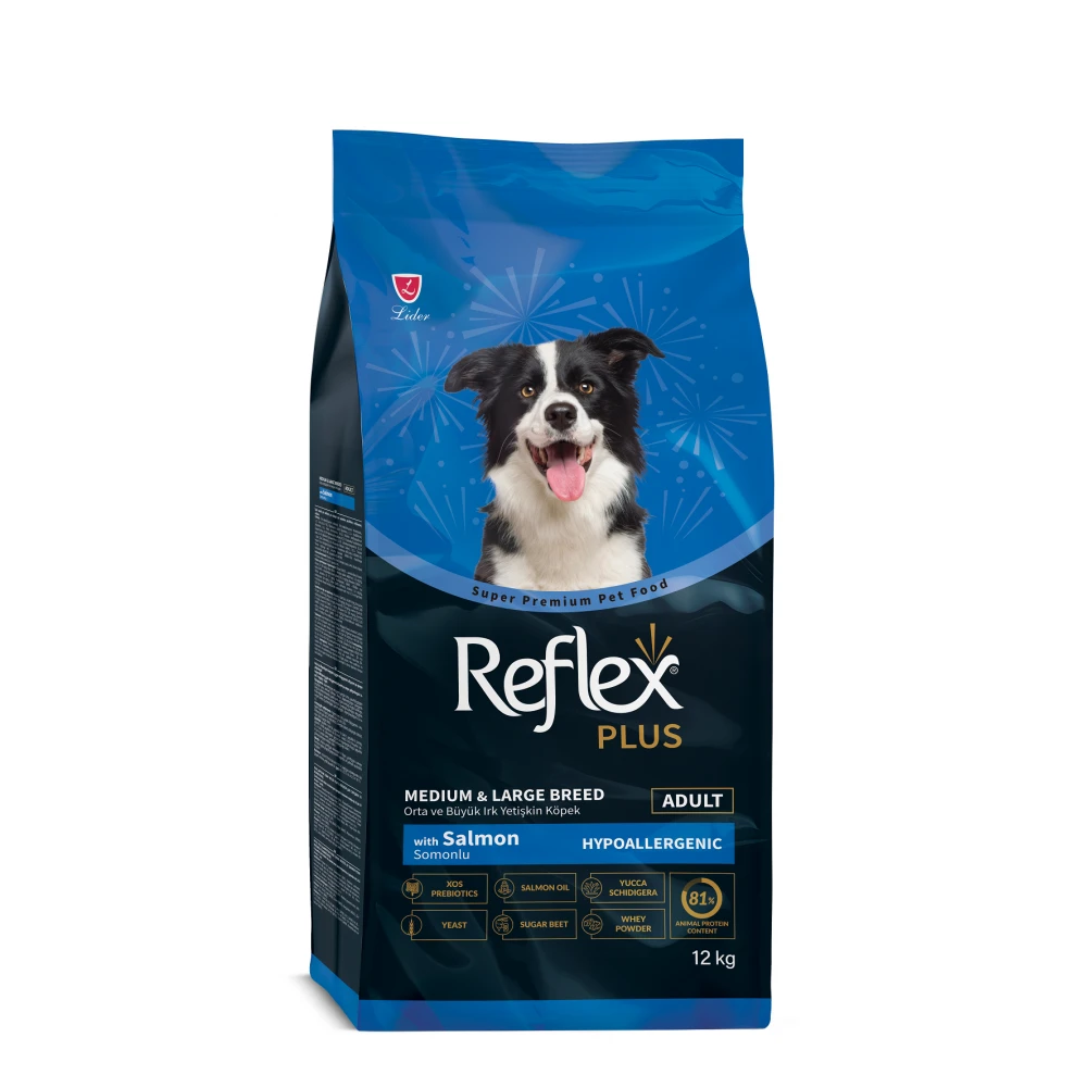 Reflex Plus Adult Medium&Maxi Breeds with Salmon 12 kg- Пълноценна храна за големи кучета със сьомга 12 кг