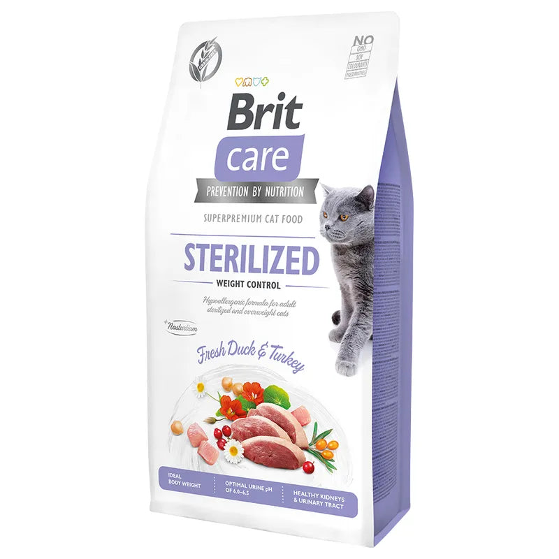 Brit Care Grain-Free Sterilized Weight Control - Пълноценна храна за кастрирани котки с патешко и пуешко 7 кг