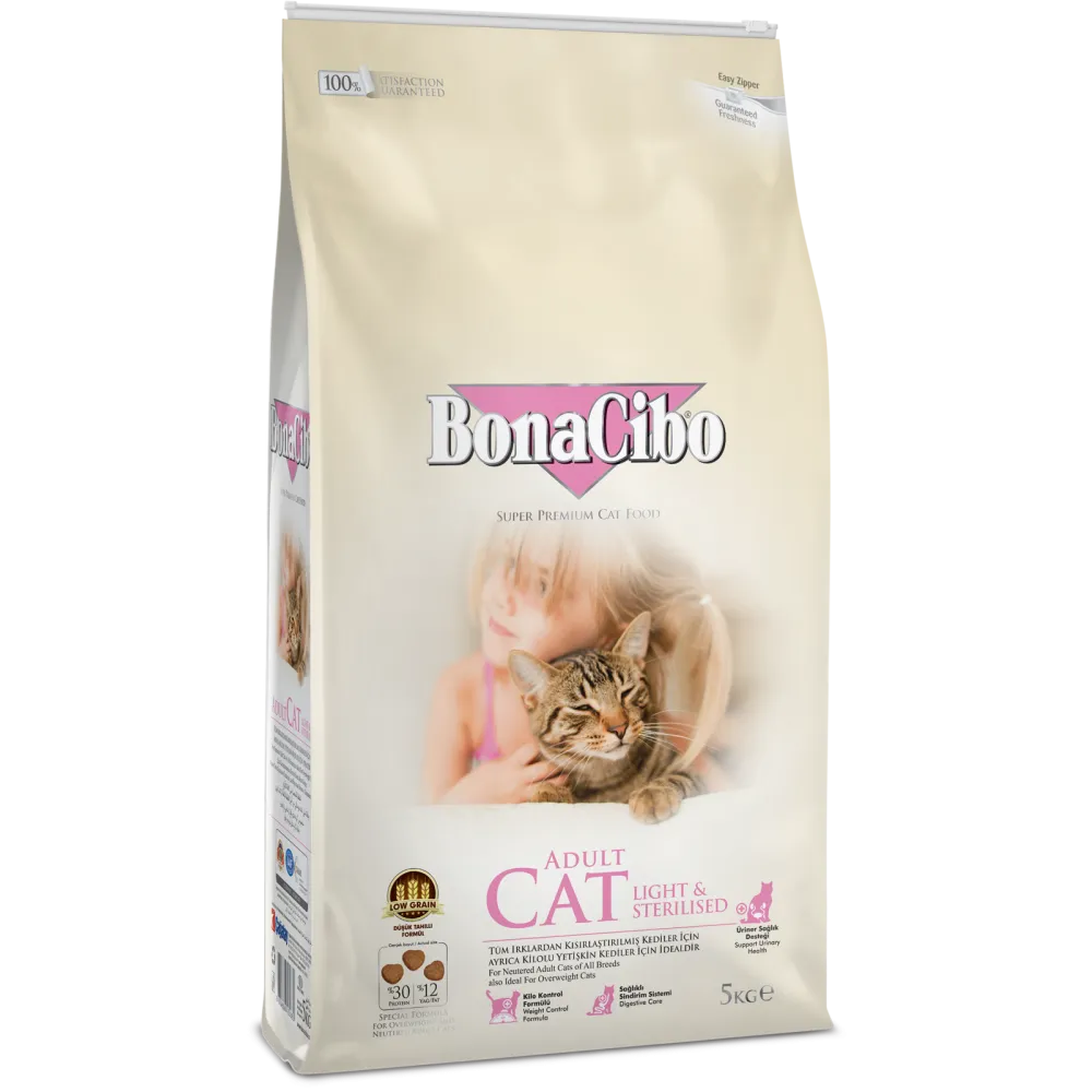 BonaCibo Light & Sterilised Adult Cat - Пълноценна храна за кастрирани котки с наднормено тегло 5 кг