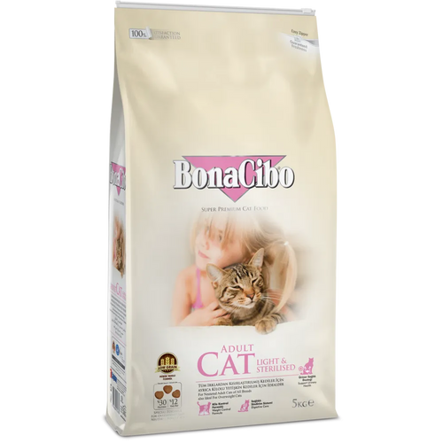 BonaCibo Light & Sterilised Adult Cat - Пълноценна храна за кастрирани котки с наднормено тегло 5 кг
