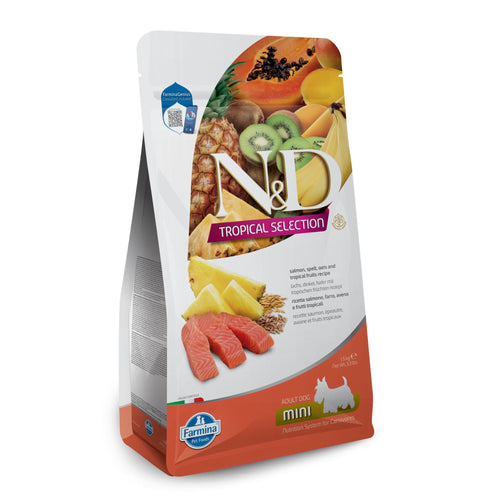N&D Tropical Selection Adult Small Breeds with Salmon&Tropical fruits – Пълноценна храна за кучета от дребни породи със сьомга и тропически плодове 5 кг
