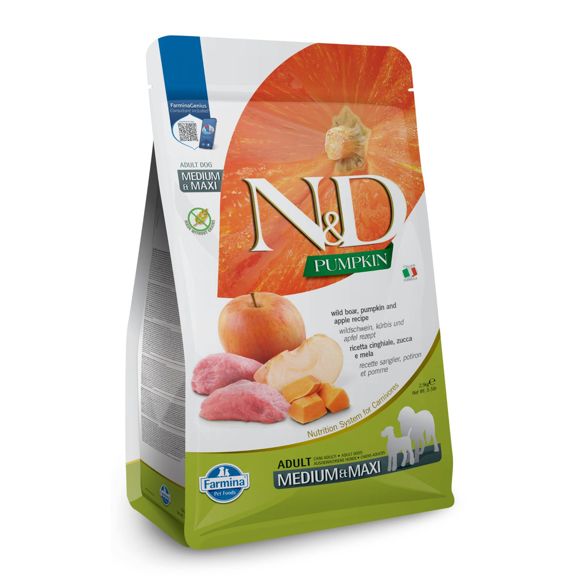 N&D Pumpkin Adult Medium&Maxi Breeds with Boar&Apple – Пълноценна храна за кучета от средни и едри породи с глиганско,тиква и ябълка 12 кг