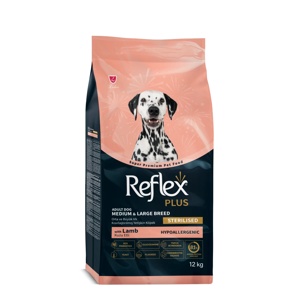 Reflex Plus Adult Medium&Maxi Breeds Light&Sterilised with Lamb - Пълноценна нискокалорична храна за кастрирани кучета от средни и едри породи с агнешко и ориз 12 кг