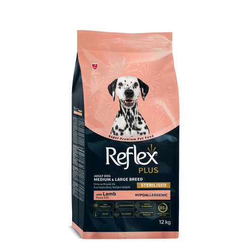 Reflex Plus Adult Medium&Maxi Breeds Light&Sterilised with Lamb - Пълноценна нискокалорична храна за кастрирани кучета от средни и едри породи с агнешко и ориз 12 кг