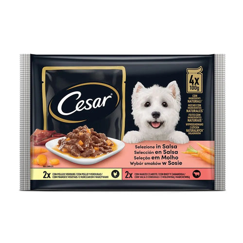 Cesar - Паучове в желе за кучета с птиче и говеждо месо 4х100 гр