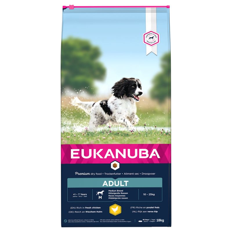 Eukanuba Adult Medium Breeds with Chicken - Пълноценна храна за кучета от средни породи с пилешко 18 кг