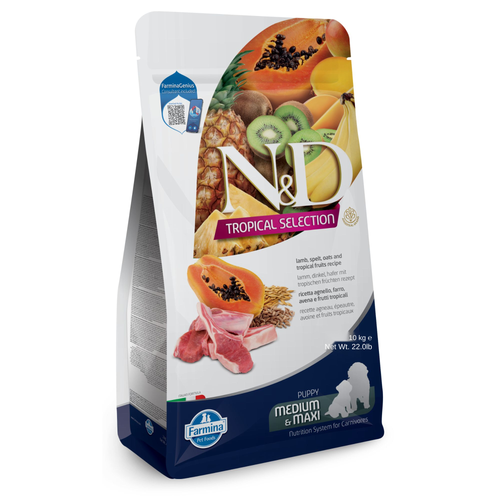 N&D Tropical Selection Puppy Medium&Maxi Breeds with Lamb&Tropical fruits – Пълноценна храна за подрастващи кученца от средни и едри породи с агнешко и тропически плодове 10 кг