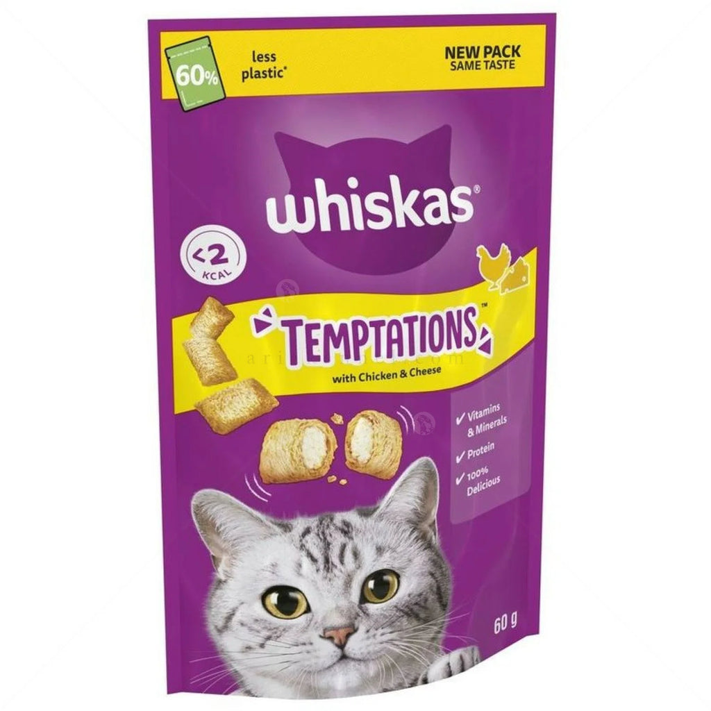 WHISKAS Temptations - Хрупкави хапки с вкус на пилешко месо и сирене 60 гр