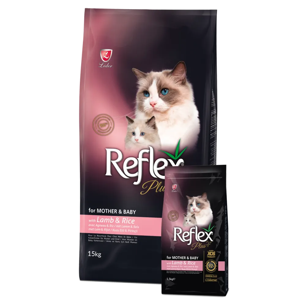 Reflex Plus Mother & Baby Cat Food with Lamb - Пълноценна храна за подрастващи котки и майки кърмачки с агнешко месо и ориз 15 кг