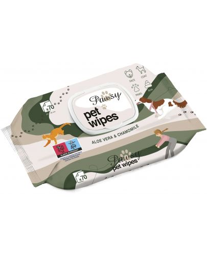 Pawsy pet wipes - Мокри кърпи с алое вера и лайка за очи,уши,лапи и тяло 70 бр